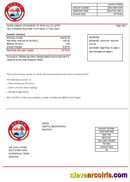 Pakistan Quetta Electric Supply Company electricity utility bill